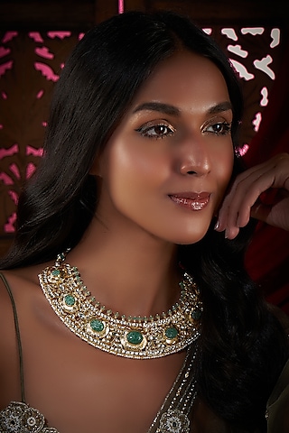 Gold Finish Kundan Polki & Green Fluorite Stone Bridal Necklace In Sterling Silver by Vinanti Manji