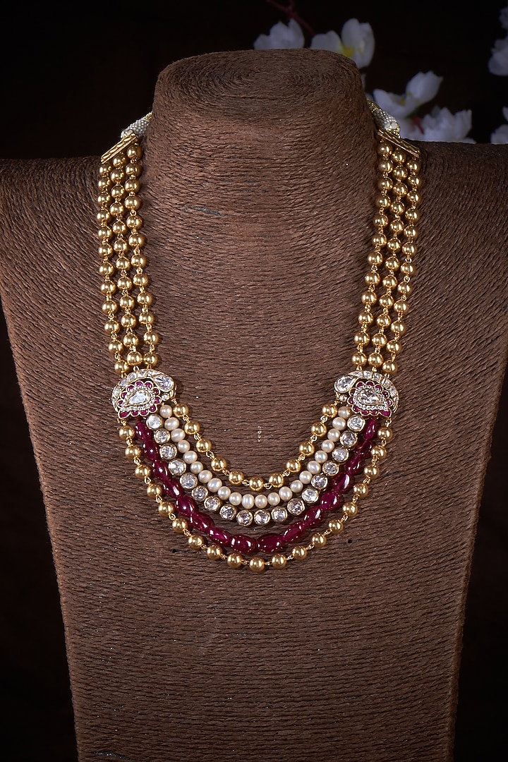 Gold Plated Kundan Polki & Red Onyx Beaded Long Necklace In Sterling Silver by Vinanti Manji at Pernia's Pop Up Shop