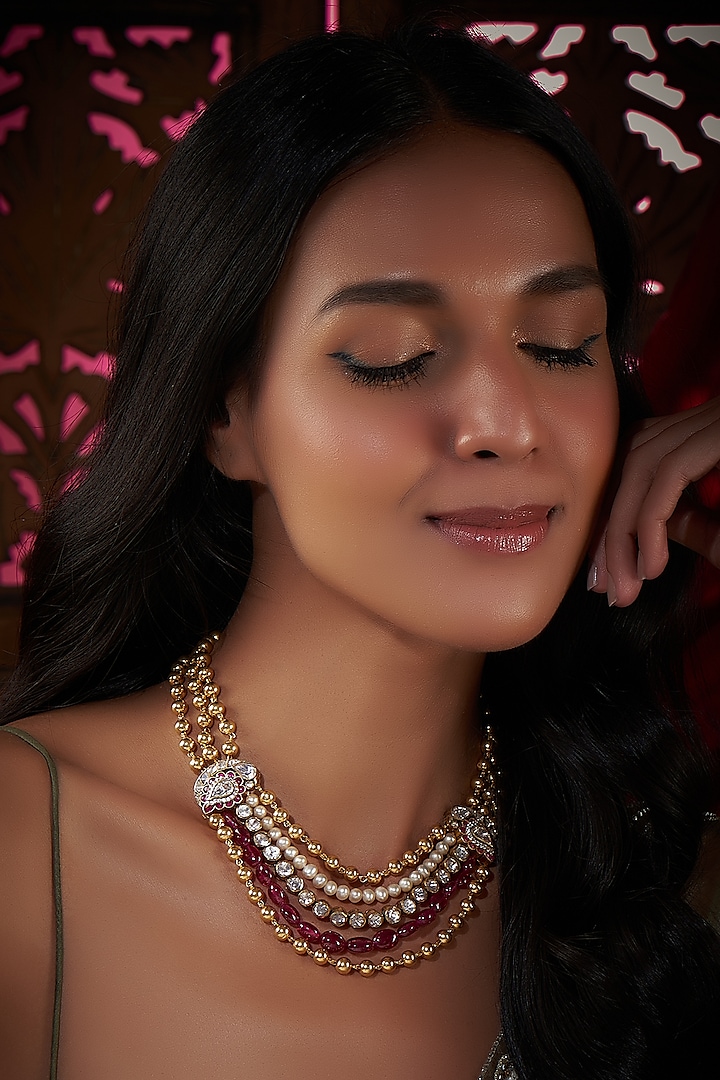 Gold Plated Kundan Polki & Red Onyx Beaded Long Necklace In Sterling Silver by Vinanti Manji at Pernia's Pop Up Shop
