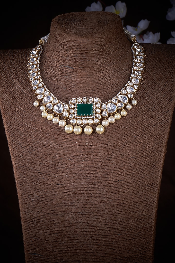 Gold Plated Kundan Polki & Green Onyx Necklace In Sterling Silver by Vinanti Manji at Pernia's Pop Up Shop