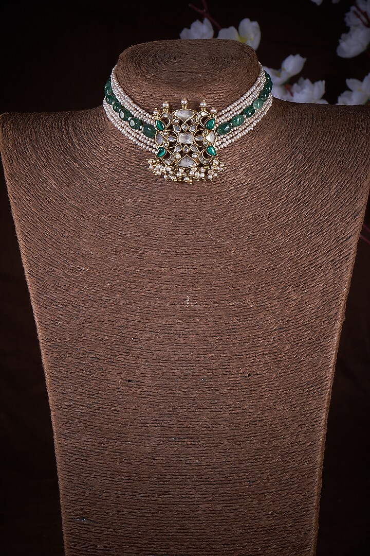 Gold Plated Kundan Polki & Green Onyx Choker Necklace In Sterling Silver by Vinanti Manji at Pernia's Pop Up Shop