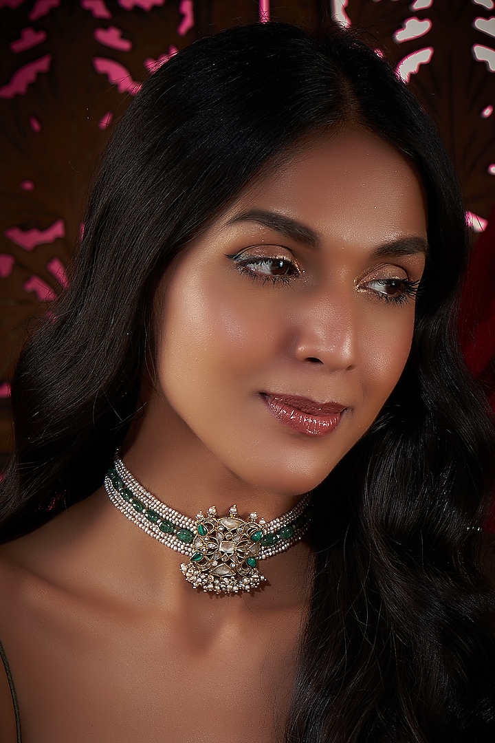 Gold Plated Kundan Polki & Green Onyx Choker Necklace In Sterling Silver by Vinanti Manji