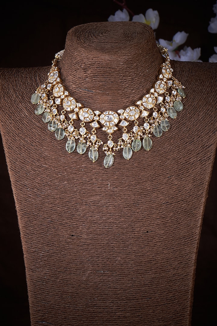 Gold Finish Kundan Polki & Fluorite Stone Necklace In Sterling Silver by Vinanti Manji at Pernia's Pop Up Shop