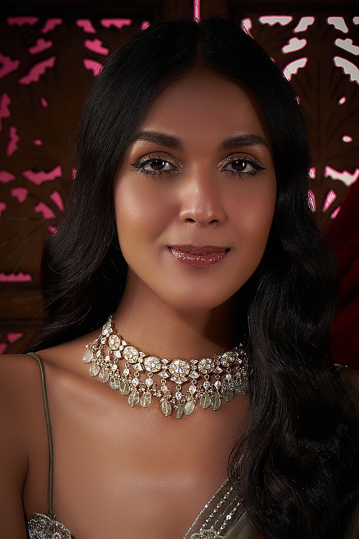 Gold Finish Kundan Polki & Fluorite Stone Necklace In Sterling Silver by Vinanti Manji at Pernia's Pop Up Shop