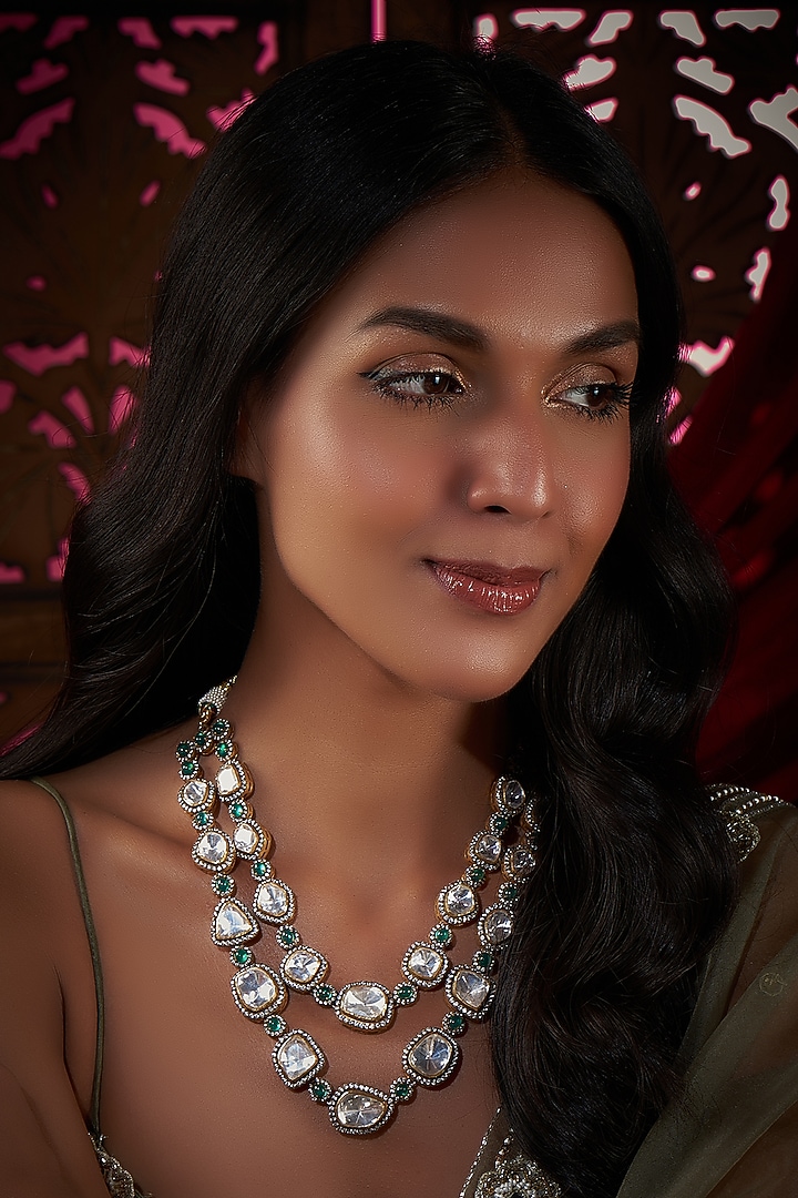 Gold Finish Kundan Polki & Fluorite Stone Necklace In Sterling Silver by Vinanti Manji at Pernia's Pop Up Shop
