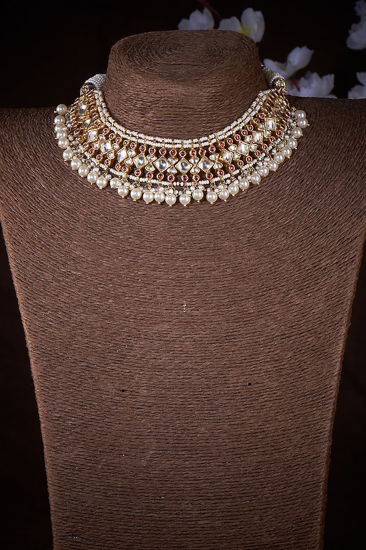 Gold Finish Red Kundan Polki & Pearl Necklace In Sterling Silver by Vinanti Manji at Pernia's Pop Up Shop