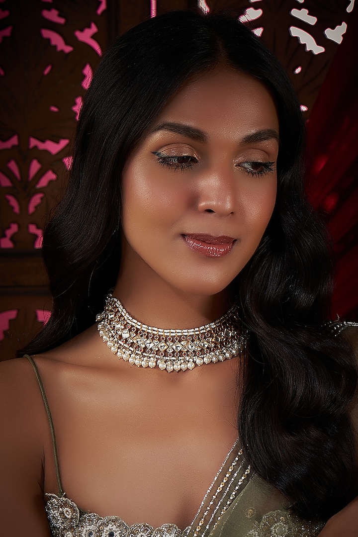 Gold Finish Red Kundan Polki & Pearl Necklace In Sterling Silver by Vinanti Manji at Pernia's Pop Up Shop