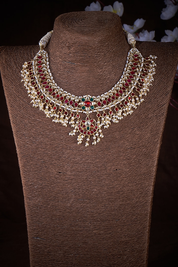 Gold Finish Red & Green Kundan Polki Necklace In Sterling Silver by Vinanti Manji at Pernia's Pop Up Shop