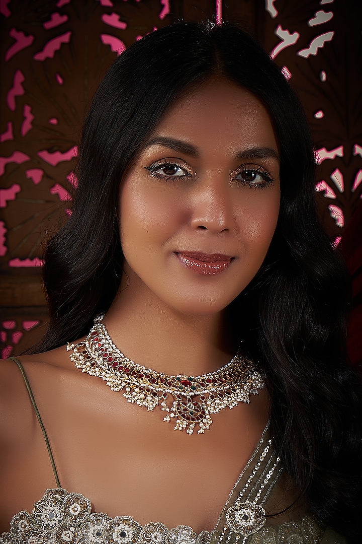 Gold Finish Red & Green Kundan Polki Necklace In Sterling Silver by Vinanti Manji at Pernia's Pop Up Shop