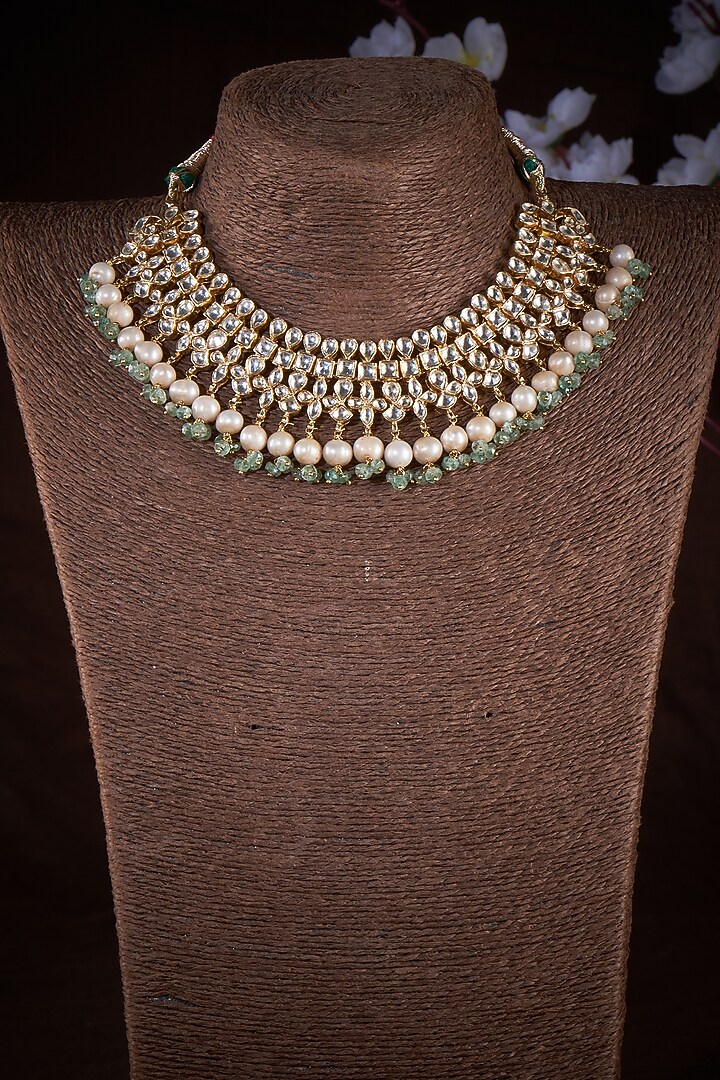 Gold Finish Kundan Polki & Fluorite Stone Bridal Necklace In Sterling Silver by Vinanti Manji at Pernia's Pop Up Shop