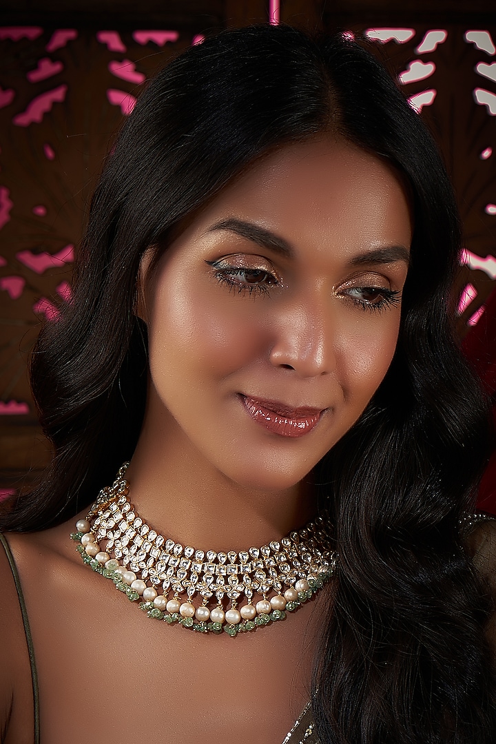 Gold Finish Kundan Polki & Fluorite Stone Bridal Necklace In Sterling Silver by Vinanti Manji at Pernia's Pop Up Shop