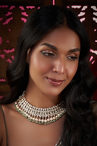 Gold Finish Kundan Polki & Fluorite Stone Bridal Necklace In Sterling Silver by Vinanti Manji