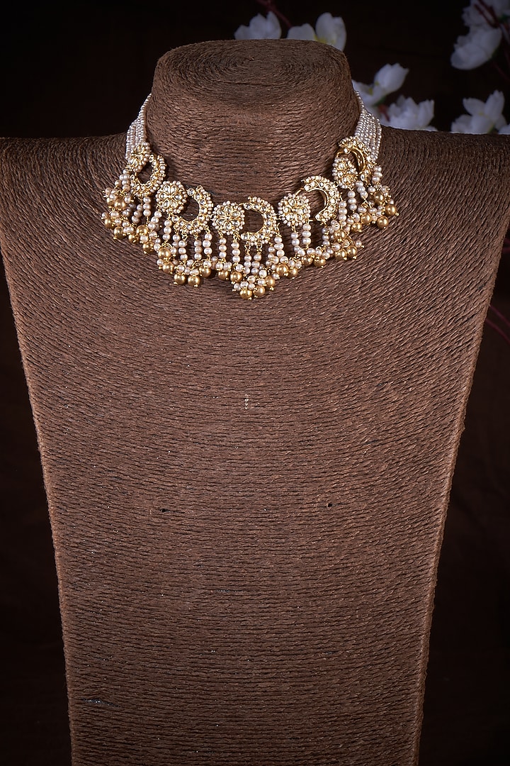 Gold Finish Green Kundan Polki & Pearl Necklace In Sterling Silver by Vinanti Manji at Pernia's Pop Up Shop