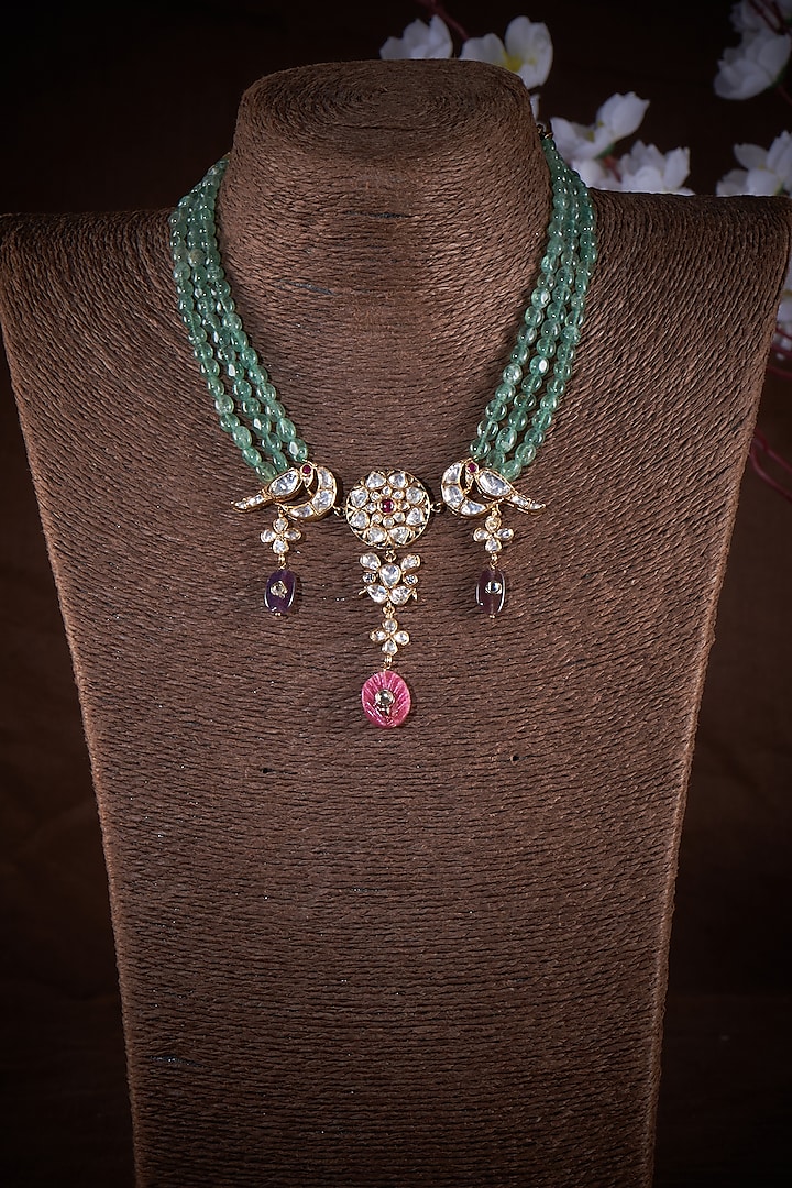 Gold Finish Kundan Polki & Fluorite Beaded Necklace In Sterling Silver by Vinanti Manji at Pernia's Pop Up Shop