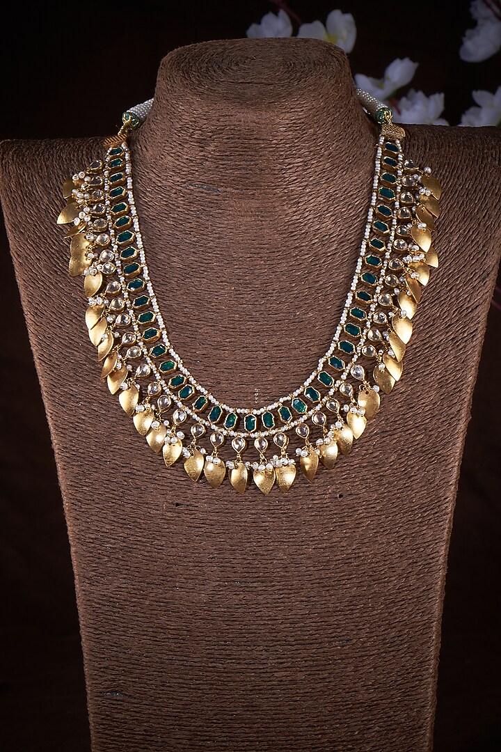 Gold Finish Kundan Polki & Pearl Long Necklace In Sterling Silver by Vinanti Manji at Pernia's Pop Up Shop
