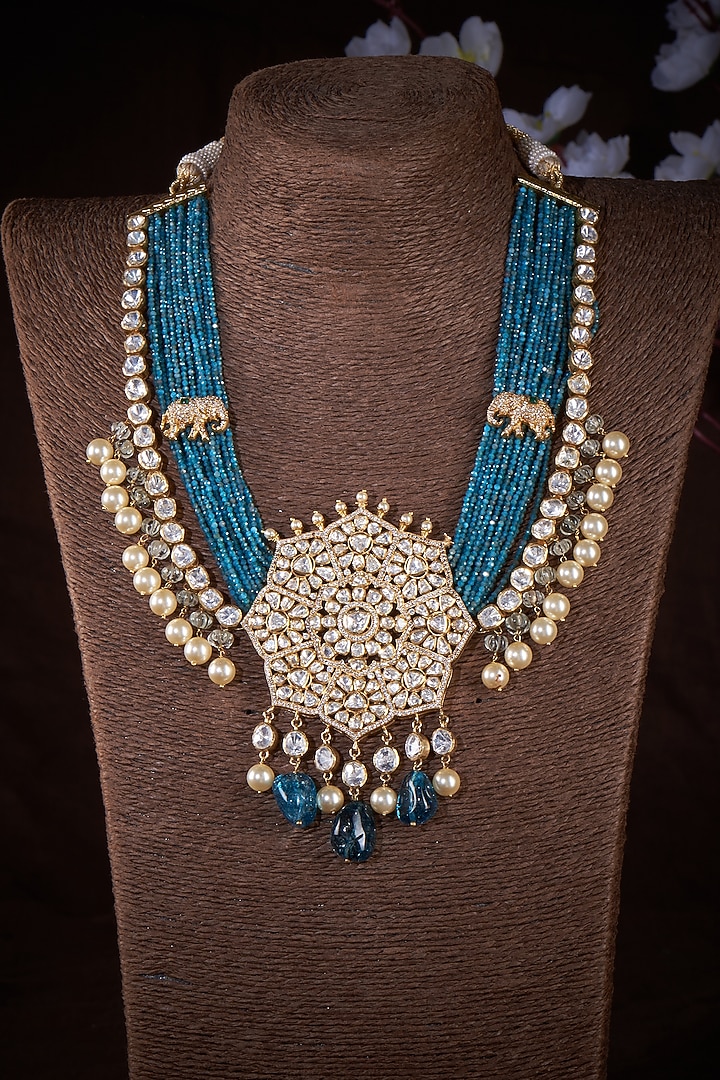 Gold Finish Kundan Polki & Beaded Necklace In Sterling Silver by Vinanti Manji at Pernia's Pop Up Shop