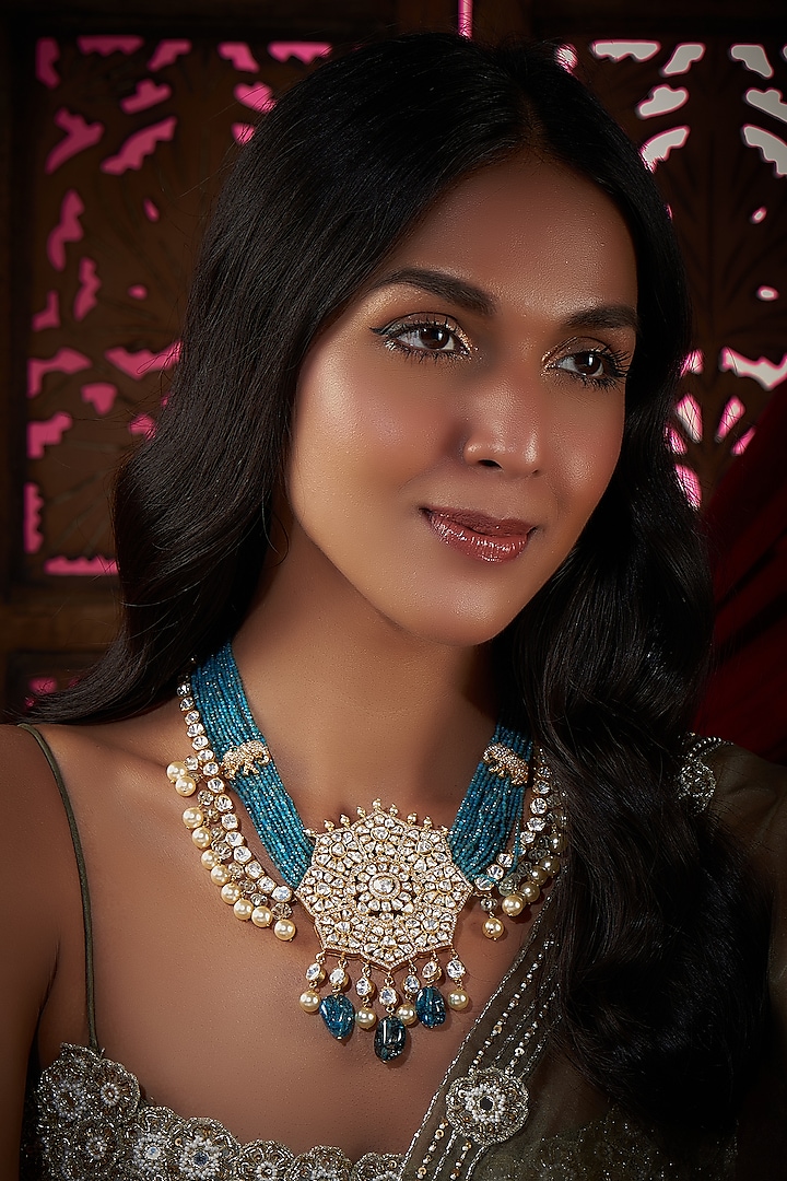 Gold Finish Kundan Polki & Beaded Necklace In Sterling Silver by Vinanti Manji at Pernia's Pop Up Shop