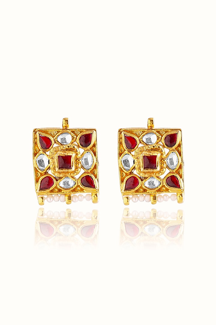 Gold Finish Ruby Stone & Kundan Polki Stud Earrings In Sterling Silver by Vinanti Manji at Pernia's Pop Up Shop