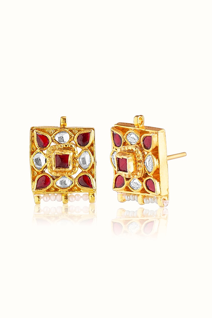 Gold Finish Ruby Stone & Kundan Polki Stud Earrings In Sterling Silver by Vinanti Manji at Pernia's Pop Up Shop