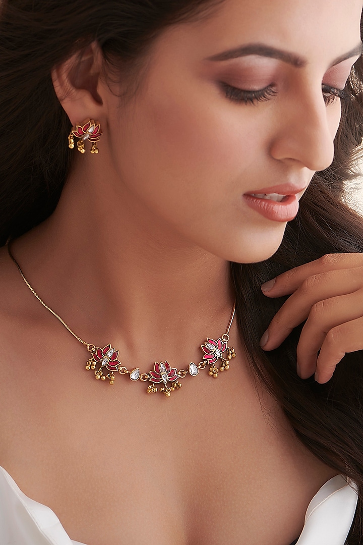 Gold Finish Ruby Stone & Kundan Polki Necklace In Sterling Silver by Vinanti Manji at Pernia's Pop Up Shop