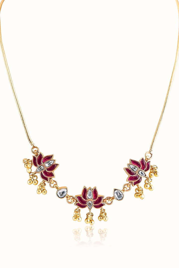 Gold Finish Ruby Stone & Kundan Polki Necklace In Sterling Silver by Vinanti Manji at Pernia's Pop Up Shop