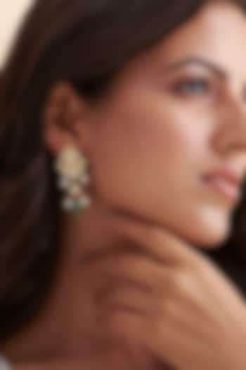 Gold Finish Green Fresh Water Pearl & Kundan Polki Dangler Earrings In Sterling Silver by Vinanti Manji at Pernia's Pop Up Shop