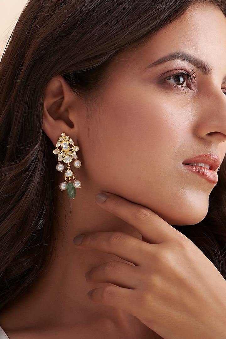 Gold Finish Green Fresh Water Pearl & Kundan Polki Dangler Earrings In Sterling Silver by Vinanti Manji at Pernia's Pop Up Shop