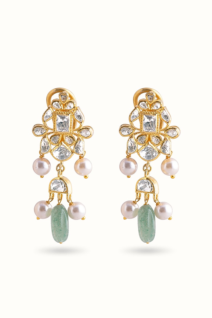 Gold Finish Green Fresh Water Pearl & Kundan Polki Dangler Earrings In Sterling Silver by Vinanti Manji at Pernia's Pop Up Shop