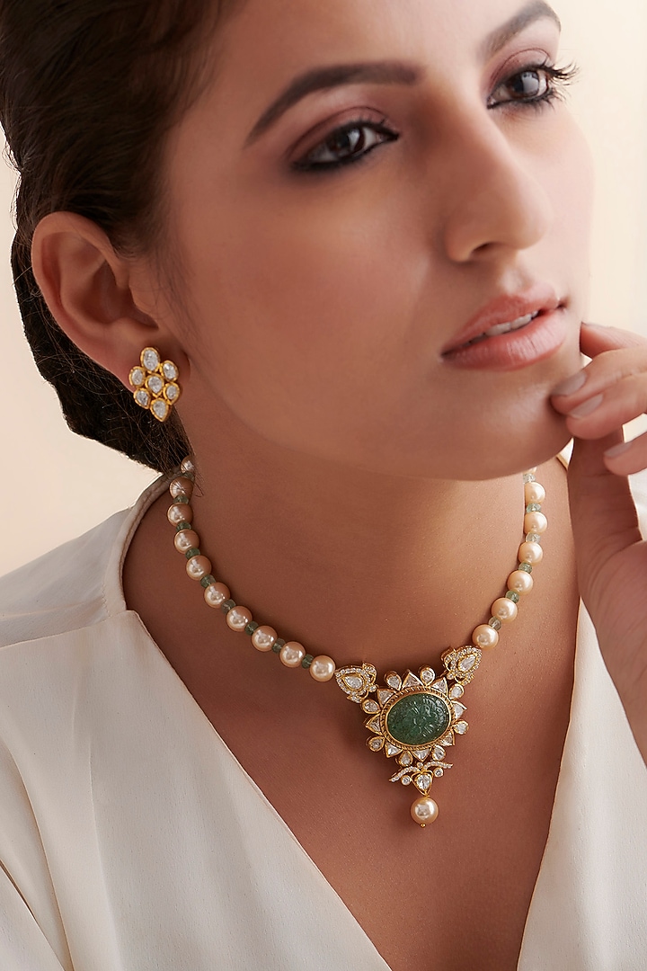 Gold Finish Green Stone & Kundan Polki Necklace In Sterling Silver by Vinanti Manji at Pernia's Pop Up Shop