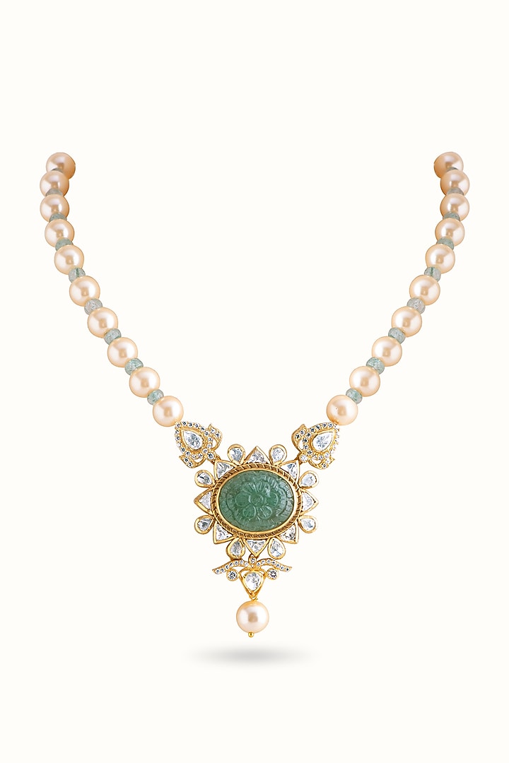Gold Finish Green Stone & Kundan Polki Necklace In Sterling Silver by Vinanti Manji at Pernia's Pop Up Shop