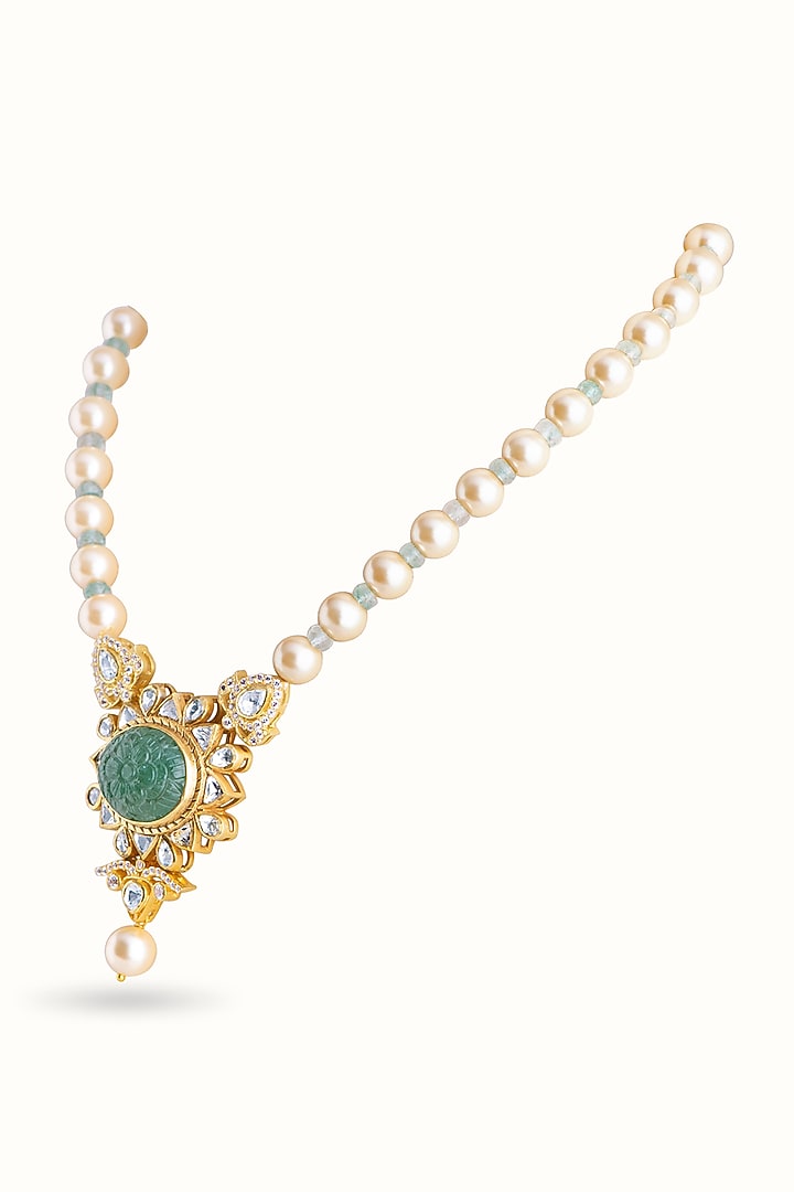 Gold Finish Green Stone & Kundan Polki Necklace In Sterling Silver by Vinanti Manji at Pernia's Pop Up Shop