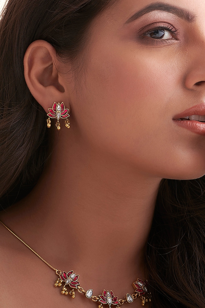 Gold Finish Ruby Stone & Kundan Polki Stud Earrings In Sterling Silver by Vinanti Manji at Pernia's Pop Up Shop
