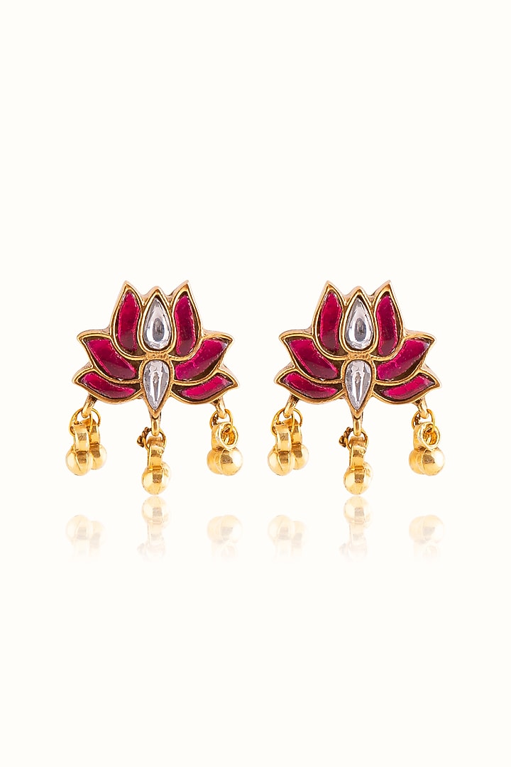 Gold Finish Ruby Stone & Kundan Polki Stud Earrings In Sterling Silver by Vinanti Manji at Pernia's Pop Up Shop