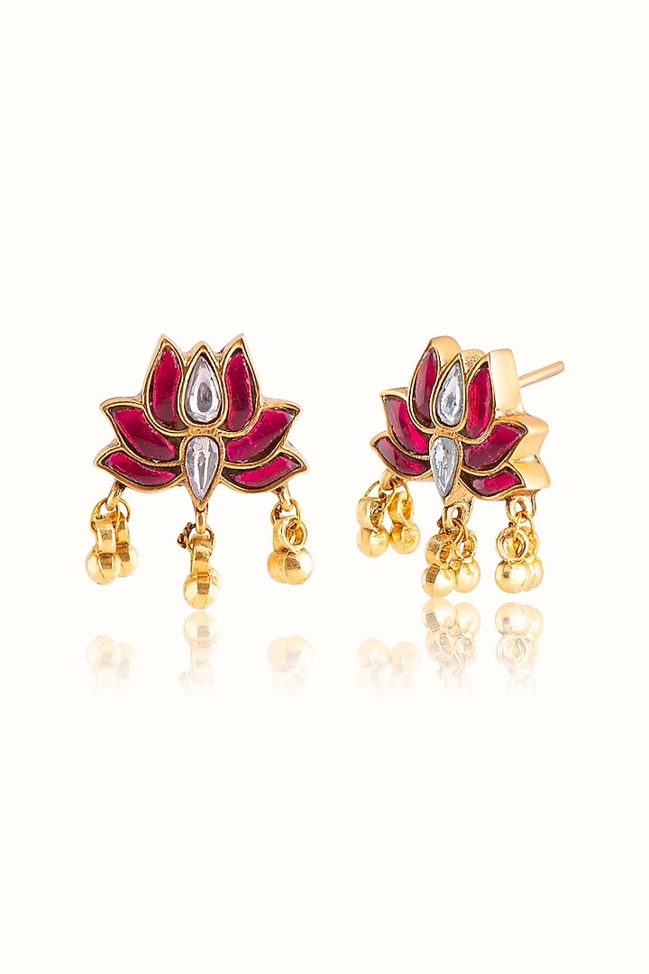 Gold Finish Ruby Stone & Kundan Polki Stud Earrings In Sterling Silver by Vinanti Manji at Pernia's Pop Up Shop