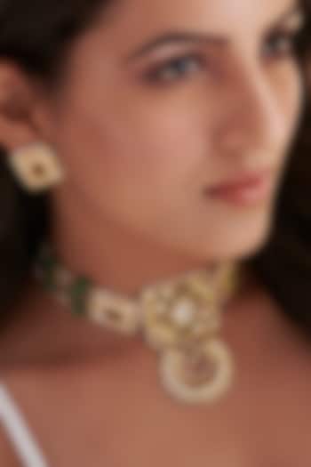 Gold Finish Green Stone & Kundan Polki Choker Necklace In Sterling Silver by Vinanti Manji at Pernia's Pop Up Shop