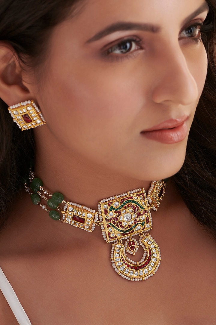 Gold Finish Green Stone & Kundan Polki Choker Necklace In Sterling Silver by Vinanti Manji at Pernia's Pop Up Shop