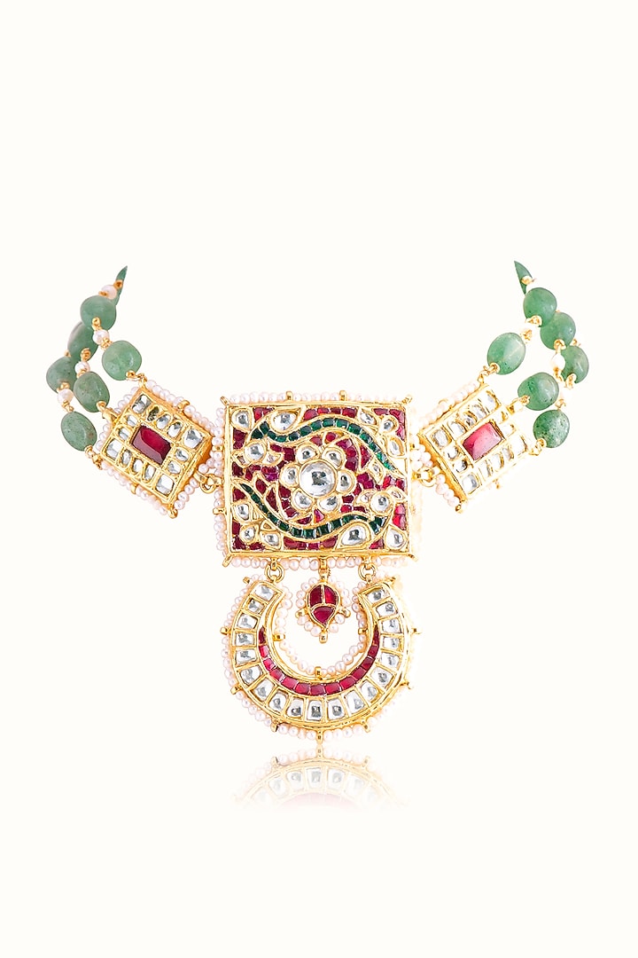 Gold Finish Green Stone & Kundan Polki Choker Necklace In Sterling Silver by Vinanti Manji at Pernia's Pop Up Shop