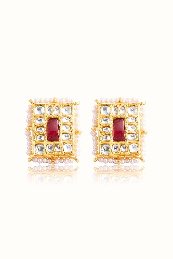 Gold Finish Ruby Stone & Kundan Polki Stud Earrings In Sterling Silver by Vinanti Manji at Pernia's Pop Up Shop