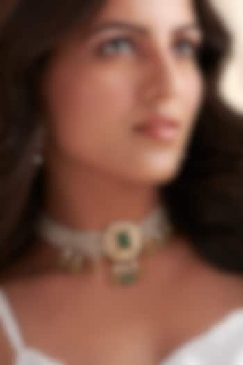Gold Finish Green Stone & Freshwater Pearl Choker Necklace In Sterling Silver by Vinanti Manji at Pernia's Pop Up Shop