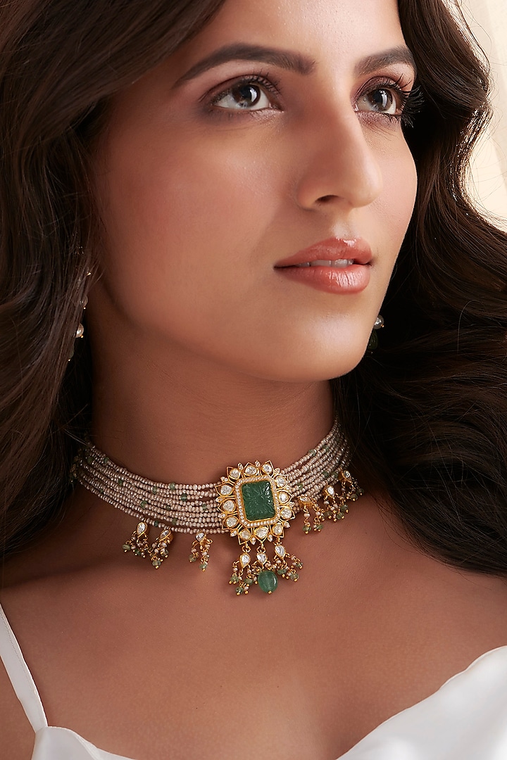 Gold Finish Green Stone & Freshwater Pearl Choker Necklace In Sterling Silver by Vinanti Manji at Pernia's Pop Up Shop