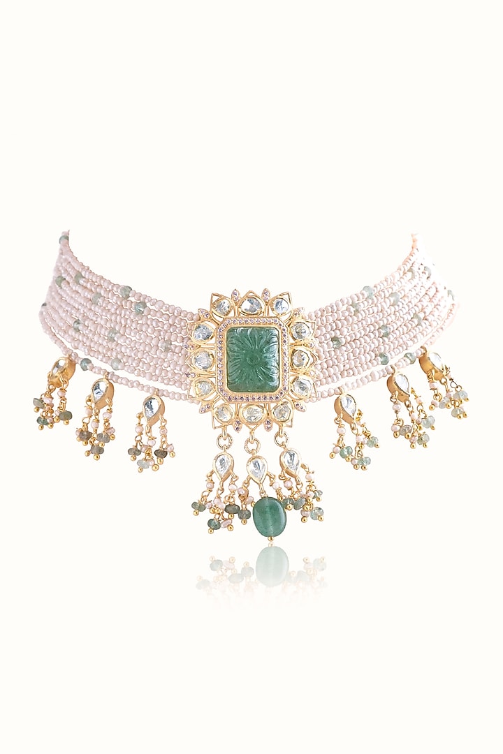 Gold Finish Green Stone & Freshwater Pearl Choker Necklace In Sterling Silver by Vinanti Manji at Pernia's Pop Up Shop