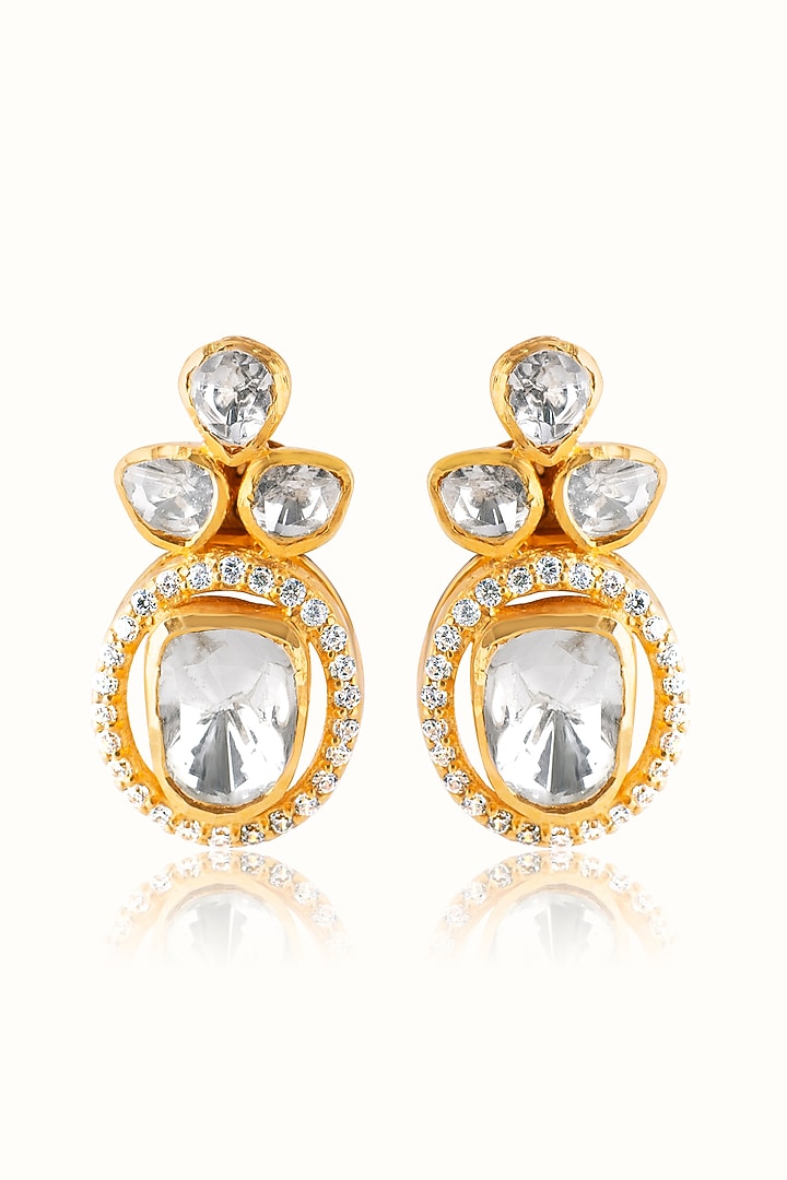 Gold Finish Cubic Zirconia & Kundan Polki Stud Earrings In Sterling Silver by Vinanti Manji at Pernia's Pop Up Shop