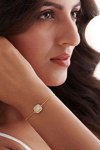 Gold Finish Cubic Zirconia & Kundan Polki Adjustable Bracelet In Sterling Silver by Vinanti Manji