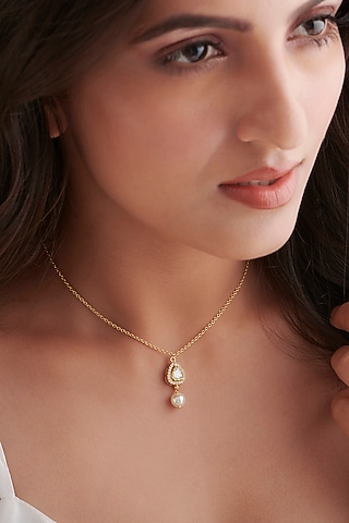 Gold Finish Cubic Zirconia & Kundan Polki Chain Necklace In Sterling Silver by Vinanti Manji