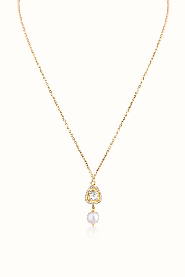Gold Finish Cubic Zirconia & Kundan Polki Chain Necklace In Sterling Silver by Vinanti Manji at Pernia's Pop Up Shop