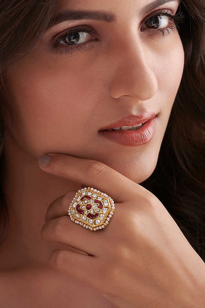 Gold Finish Ruby Stone & Kundan Polki Adjustable Ring In Sterling Silver by Vinanti Manji at Pernia's Pop Up Shop