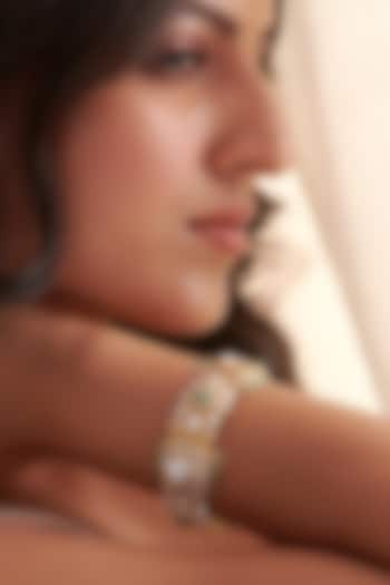 Gold Finish Green Stone & Kundan Polki Bangle In Sterling Silver by Vinanti Manji at Pernia's Pop Up Shop