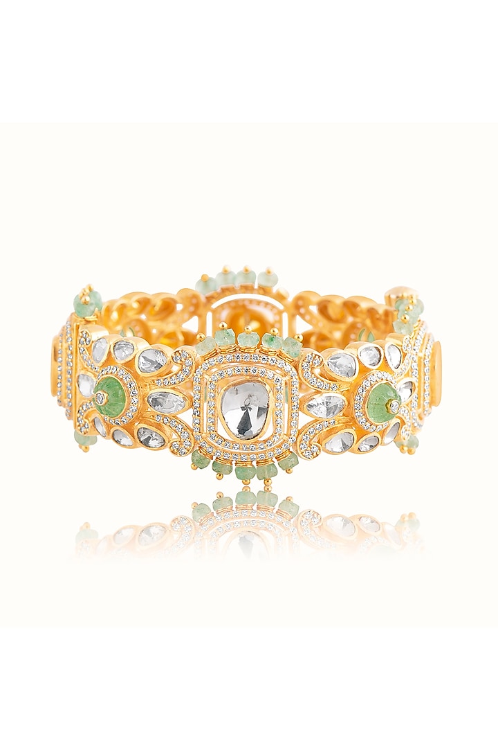 Gold Finish Green Stone & Kundan Polki Bangle In Sterling Silver by Vinanti Manji at Pernia's Pop Up Shop