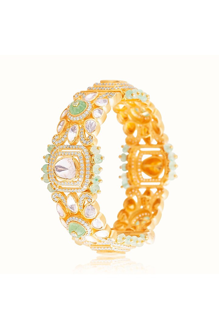Gold Finish Green Stone & Kundan Polki Bangle In Sterling Silver by Vinanti Manji at Pernia's Pop Up Shop