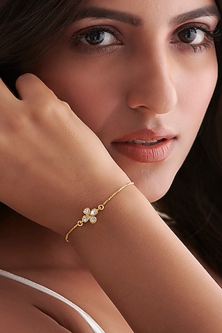 Gold Finish Diamond & Kundan Polki Adjustable Bracelet In Sterling Silver by Vinanti Manji